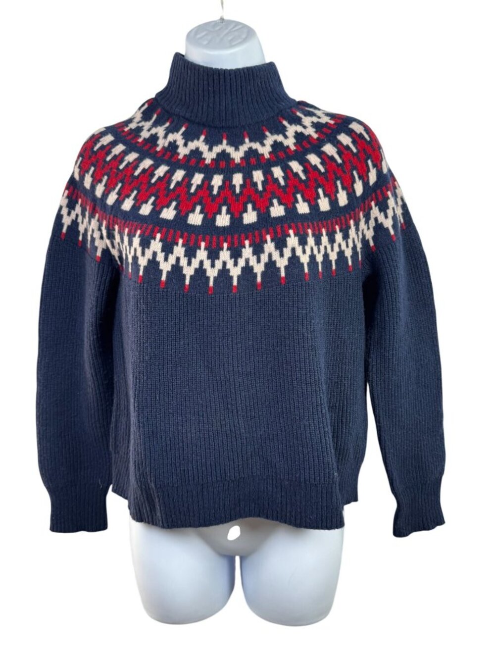 J.Crew Fair Isle Navy Blue Red Sweater Womens XS Lambswool Blend Knit Mock Neck